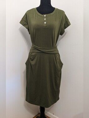 Zesica Olive Green Short Sleeve Dress with Waist Tie Detail | Women's Size Small